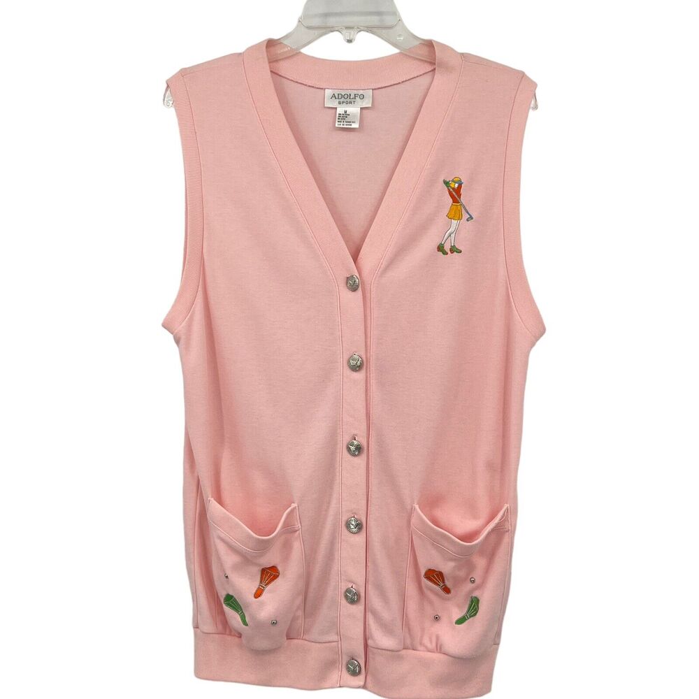 Vintage Adolfo Sport Pink Cotton Blend Embroidered Golfer Novelty Vest Medium